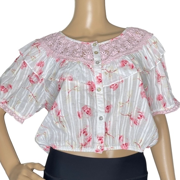 LoveShackFancy Elania lace trimmed ruffled crop top NWT XL - Picture 1 of 8